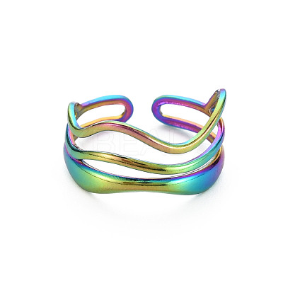 Rainbow Color 304 Stainless Steel Wave Wire Wrap Open Cuff Ring for Women RJEW-N038-047M-1