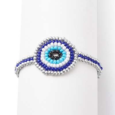Glass Seed Braided Evil Eye Link Bracelet for Women BJEW-JB08398-01-1