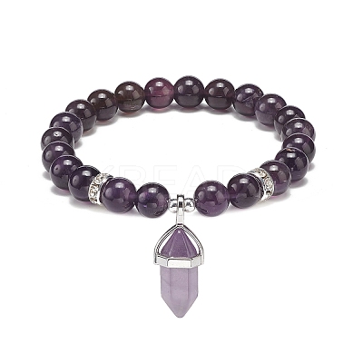 Natural Amethyst Round Beaded Stretch Bracelet with Bullet Charms BJEW-JB09018-04-1