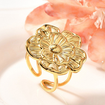 Flower 201 Stainless Steel Open Cuff Ring for Women RJEW-A053-02H-G-1