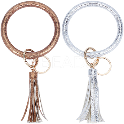 2Pcs 2 Colors PU Leather Tassel Bracelet Wristlet Keychain AJEW-SC0003-66A-1