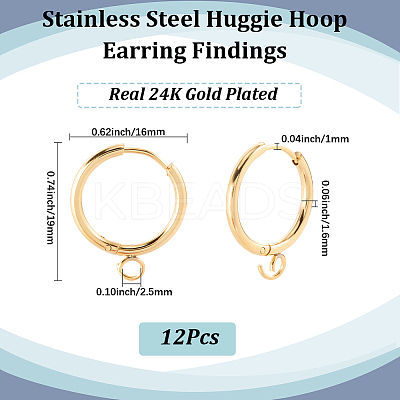 12Pcs 201 Stainless Steel Huggie Hoop Earring Findings STAS-SC0010-30G-1