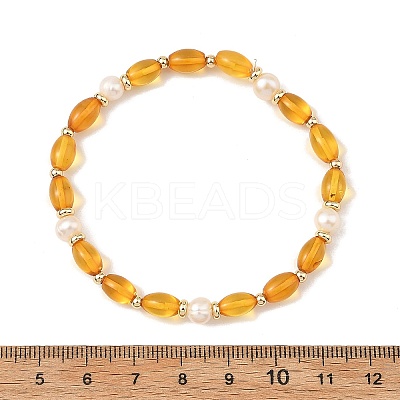 Oval Natural Baltic Amber & Natural Cultured Freshwater Pearl & Brass Beaded Stretch Bracelets for Women BJEW-JB14171-1