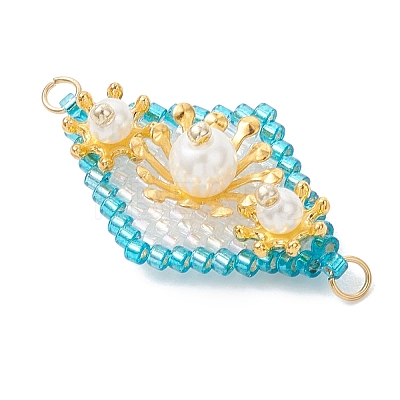 Imitation Pearl & Glass Seed Beaded Floral Rhombus Links Connector Charms PALLOY-MZ01182-1