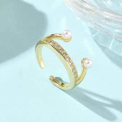 Brass Micro Pave Cubic Zirconia ABS Imitation Pearl Cuff Rings RJEW-D307-02G-C-1