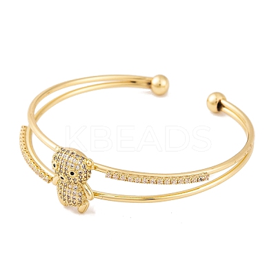 Brass Micro Pave Clear Cubic Zirconia 2-Strand Bear Open Cuff Bangles for Women BJEW-S147-12G-1