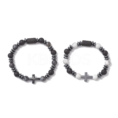 2Pcs Natural Lava Rock & Larvikite & Howlite Beads Stretch Bracelets for Couple BJEW-JB13196-1