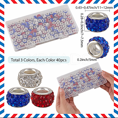 120Pcs 3 Colors Polymer Clay Rhinestone European Large Hole Beads with Silver Color Plated Brass Cores FPDL-LT0001-01A-1