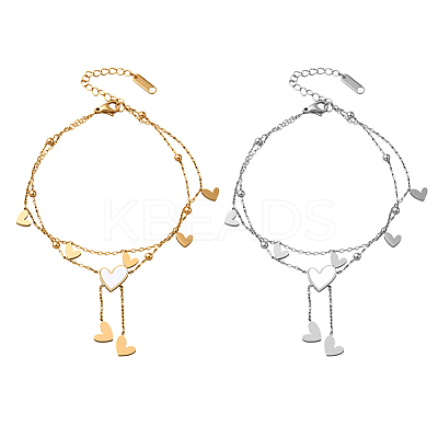 2Pcs 2 Colors Heart Stainless Steel & Shell Anklets AJEW-GO0002-56-1