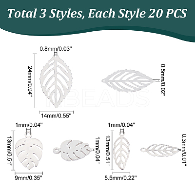 60Pcs 3 Style 304 & 316 Stainless Steel Charms STAS-UN0051-53-1