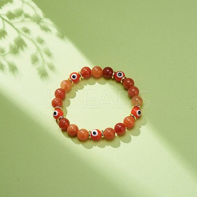 Natural Red Aventurine & Lampwork Evil Eye Round Beaded Stretch Bracelet BJEW-JB08713-04-1