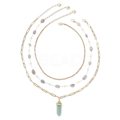 Natural Green Aventurine Double Terminated Pointed Bullet Pendant 304 Stainless Steel & Brass Chain 3 Layer Necklaces for Women NJEW-JN05477-02-1