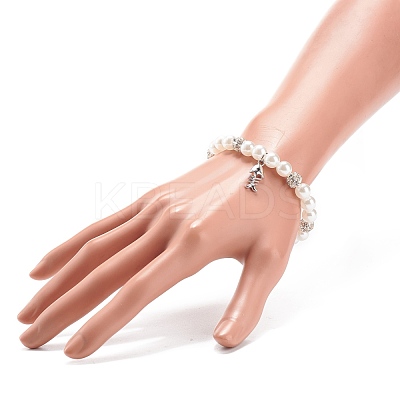 ABS Plastic Imitation Pearl  & Rhinestone Beaded Stretch Bracelet with Alloy Charm for Women BJEW-JB08526-04-1