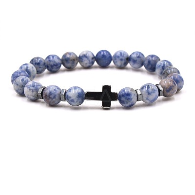 8MM Round Natural Blue Spot Jasper Beaded Stretch Bracelets with Synthetic Non-magnetic Hematite Cross FA1012-17-1