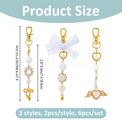 6Pcs 3 Styles Alloy with Plastic Pearl Pendant Keychain KEYC-FH00080-1