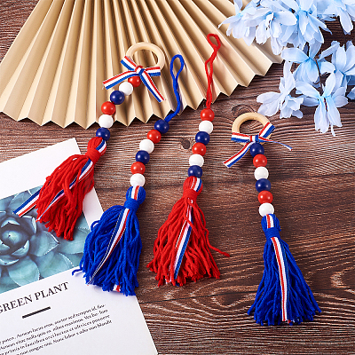 4Pcs 2 Style Independence Day Theme Wooden Ring & Woolen Yarn Tassels Pendant Decorations HJEW-CF0001-20-1