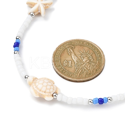 Tortoise & Starfish Synthetic Turquoise & Round Seed Beaded Necklace NJEW-TA00125-1
