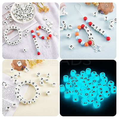 20Pcs Luminous Cube Letter Silicone Beads 12x12x12mm Square Dice Alphabet Beads with 2mm Hole Spacer Loose Letter Beads for Bracelet Necklace Jewelry Making JX437X-1