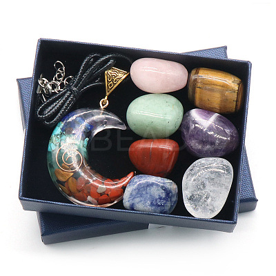 7 Chakra Tumbled Stone & Moon Pendant Necklace Mixed Natural Gemstone Healing Stones Set X1-PW-WG21137-02-1