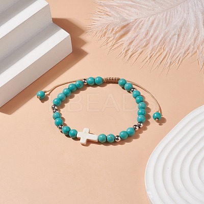 Synthetic Turquoise(Dyed) Braided Bead Bracelet with Synthetic Magnesite Cross BJEW-TA00146-02-1