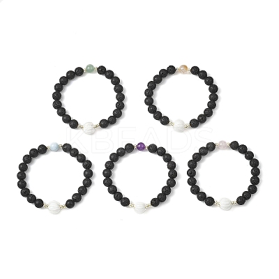 Natural Lava Rock & Lampwork & Mixed Gemstone Round Beads Stretch Bracelets for Women BJEW-JB12788-1