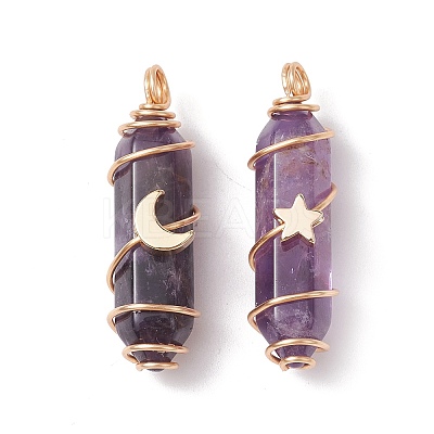 Natural Amethyst Copper Wire Wrapped Pointed Pendants PALLOY-JF02535-02-1