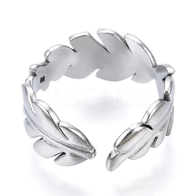 Non-Tarnish 304 Stainless Steel Leaf Open Cuff Ring for Women RJEW-N040-28-1