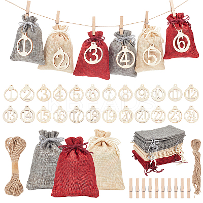 24Pcs 3 Colors Rectangle Christmas Linen Gift Bags with Number 1~24 Pendant Ornaments ABAG-WH0035-039-1