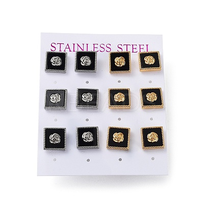 6 Pair 2 Color Square & Flower Acrylic Stud Earrings EJEW-A024-08-1