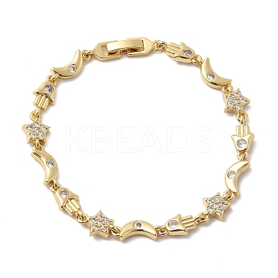 Moon & Star & Hamsa Hand Brass Micro Pave Clear Cubic Zirconia Link Chain Bracelets BJEW-C130-03G-1