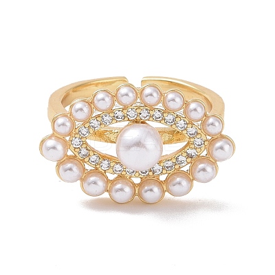 Clear Cubic Zirconia Horse Eye Open Cuff Ring with Acrylic Pearl Beaded RJEW-P032-13G-1