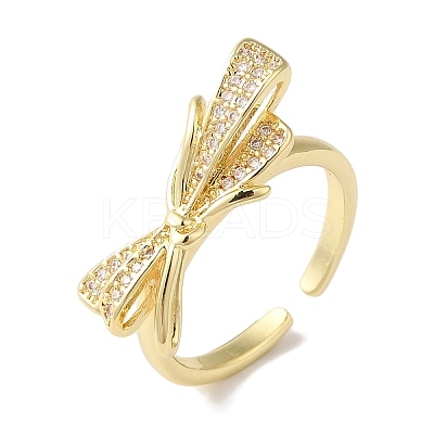 Bowknot Brass Micro Pave Clear Cubic Zirconia Open Cuff Rings for Women RJEW-C098-20G-1
