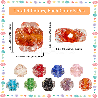 45Pcs 9 Colors Luminous Handmade Gold Foil Glass Beads Strands FOIL-PA0001-01-1