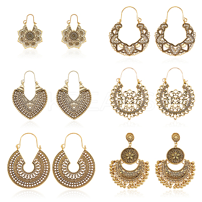6 Pairs 6 Style Alloy Hollow Thick Hoop Earrings EJEW-AN0001-12-1
