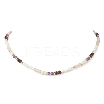 Synthetic Non-magnetic Hematite & Natural Rainbow Moonstone & Garnet & Amethyst Round Cube and Natural Pearl Rice Beaded Necklaces NJEW-JN05868-02-1