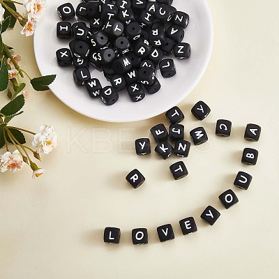 20Pcs Black Cube Letter Silicone Beads 12x12x12mm Square Dice Alphabet Beads with 2mm Hole Spacer Loose Letter Beads for Bracelet Necklace Jewelry Making JX433T-1