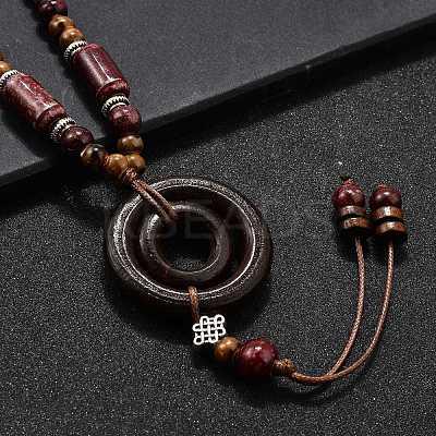 Ethnic Style Alloy & Porcelain Ceramic Beads & Wood Ring Pendant Tassel Y Necklaces NJEW-D308-02-1