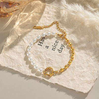 Fashion Plastic Pearl & 304 Stainless Steel Oval Beaded Link Bracelets for Women UP6693-1
