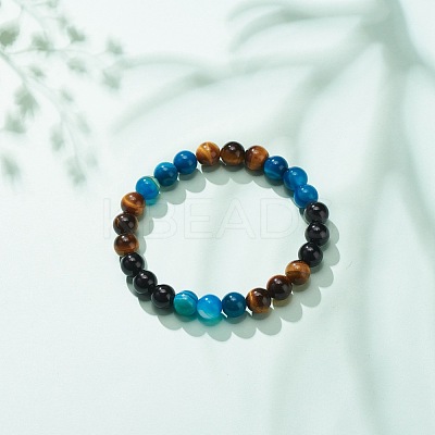 Natural Agate & Tiger Eye & Black Onyx Round Beaded Stretch Bracelet BJEW-JB08400-02-1