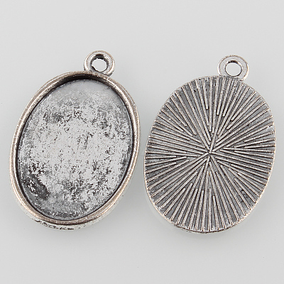 Tibetan Style Antique Silver Alloy Flat Oval Pendant Cabochon Settings X-TIBEP-M022-37AS-1