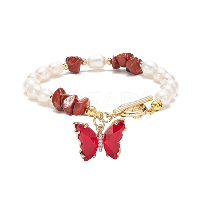 Glass Butterfly Charm Bracelet with Clear Cubic Zirconia BJEW-JB08640-01-1