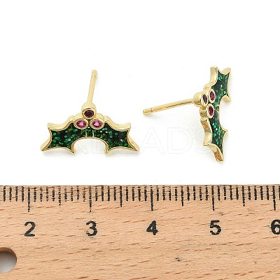 Holly Leaf Brass Micro Pave Cubic Zirconia Stud Earrings EJEW-B149-02G-1