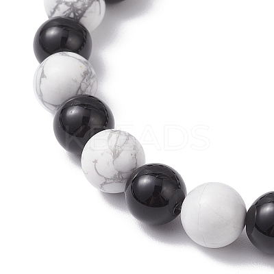 Halloween Brass Skeleton Hand Charm Natural Howlite and Black Onyx (Dyed & Heated) Round Beaded Stretch Bracelets BJEW-TA00683-1