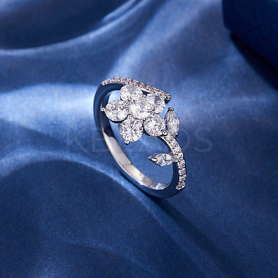 Flower Brass Micro Pave Clear Cubic Zirconia Cuff Rings FS-WG56B2C-01-1