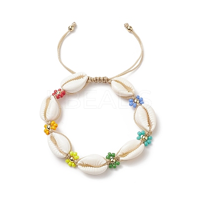 Natural Cowrie Shell & Glass Seed Flower Braided Bead Bracelets for Women BJEW-TA00206-1