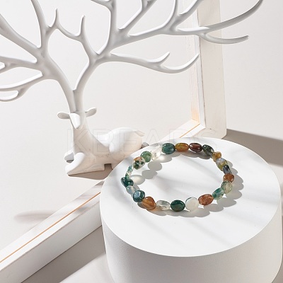 Natural Moss Agate Nuggets Beads Stretch Bracelet BJEW-JB07144-02-1