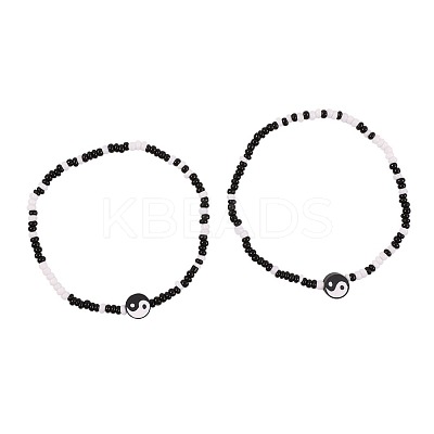 2Pcs Yin-yang Polymer Clay Glass Seed Beaded Stretch Anklet Sets for Women FS-WG3863F-08-1