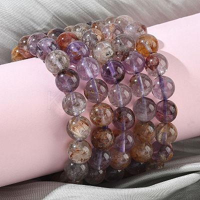 Natural Lodolite Quartz Round Beads Stretch Bracelets for Women BJEW-Z158-03K-02-1