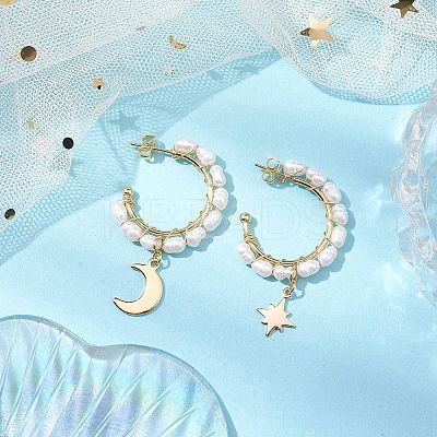 Moon & Star Natural Pearl Dangle Half Hoop Earrings EJEW-JE05895-01-1