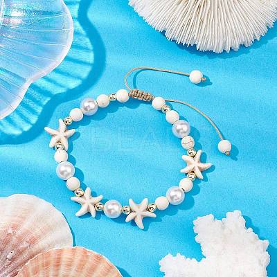 Adjustable Dyed Synthetic Turquoise & Shell Pearl Braided Bead Bracelets BJEW-JB10513-01-1